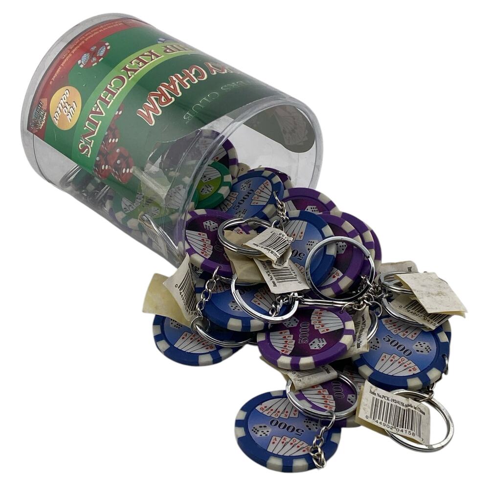 Lot of 25 Clay Poker Chip Key Chain Fobs Lucky Charms Players Club Casino MIB
